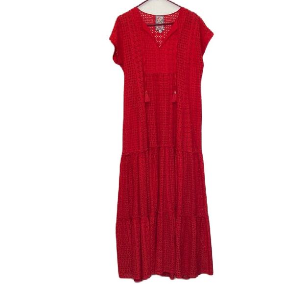 Johnny Was Aurelia Eyelet Red Silk Bohemian Summer Maxi Dress Cover Up Size M - Picture 1 of 13